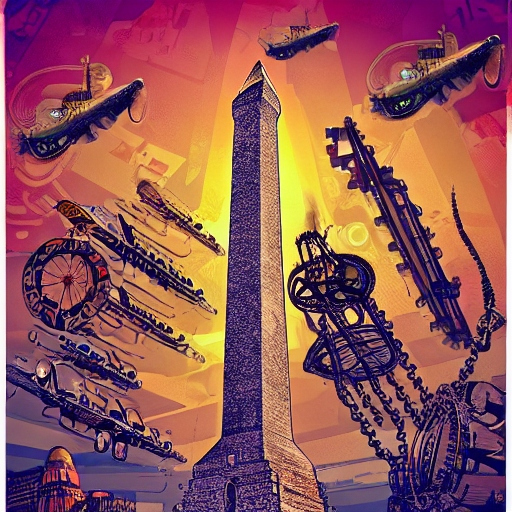 Washington Monument surrounded by steampunk aircraft